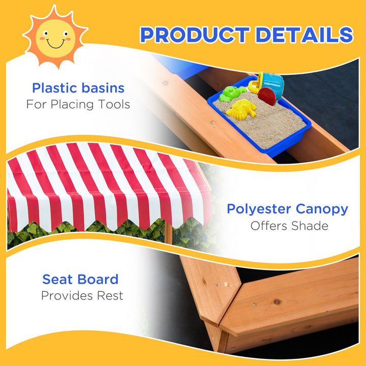 Kids Wooden Sandbox Sand Pit with Height Adjustable Canopy and Basins