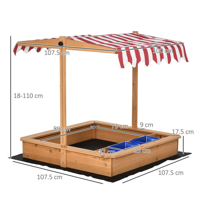 Kids Wooden Sandbox Sand Pit with Height Adjustable Canopy and Basins