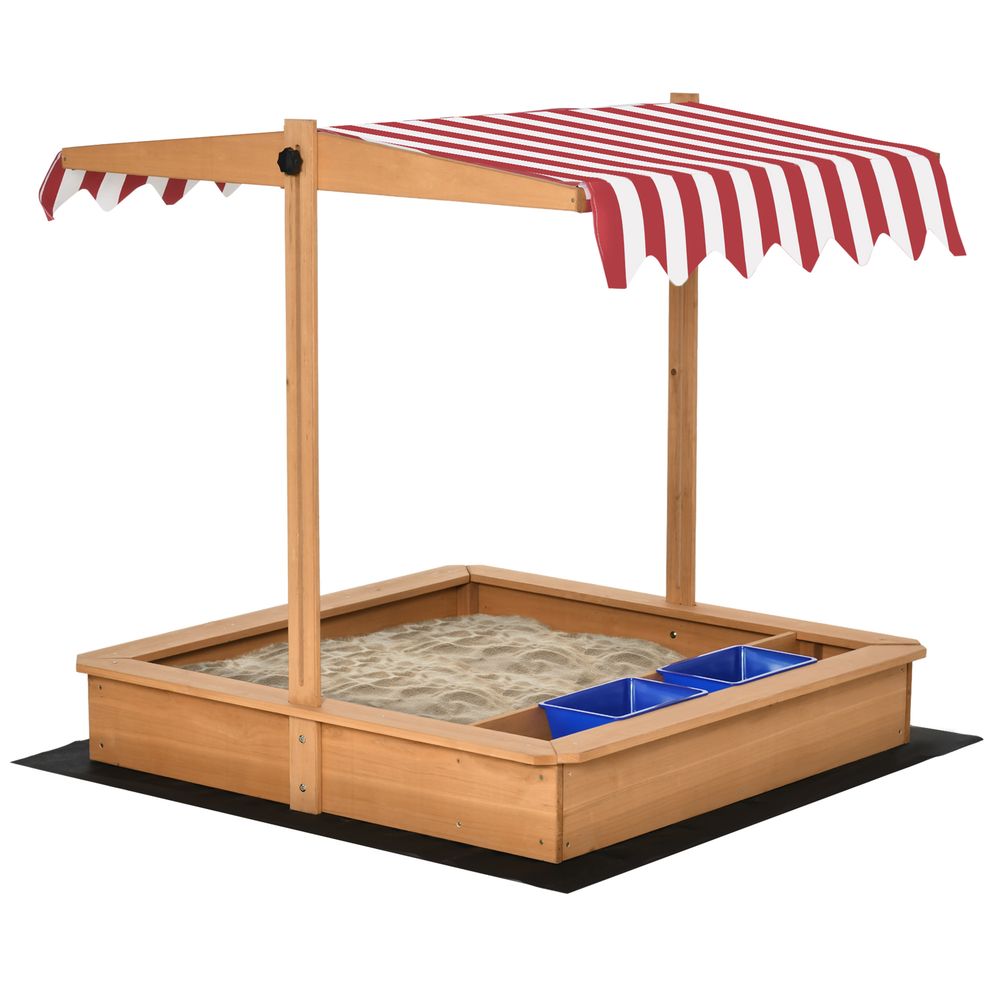 Kids Wooden Sandbox Sand Pit with Height Adjustable Canopy and Basins