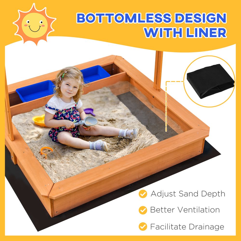 Kids Wooden Sandbox Sand Pit with Height Adjustable Canopy and Basins