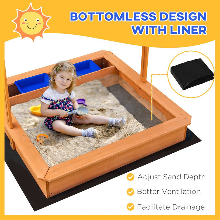 Kids Wooden Sandbox Sand Pit with Height Adjustable Canopy and Basins