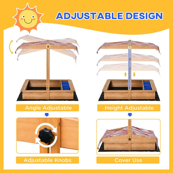 Kids Wooden Sandbox Sand Pit with Height Adjustable Canopy and Basins