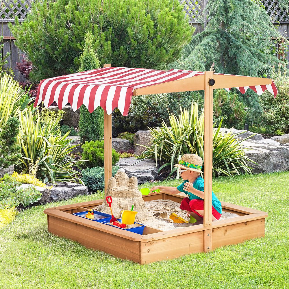 Kids Wooden Sandbox Sand Pit with Height Adjustable Canopy and Basins