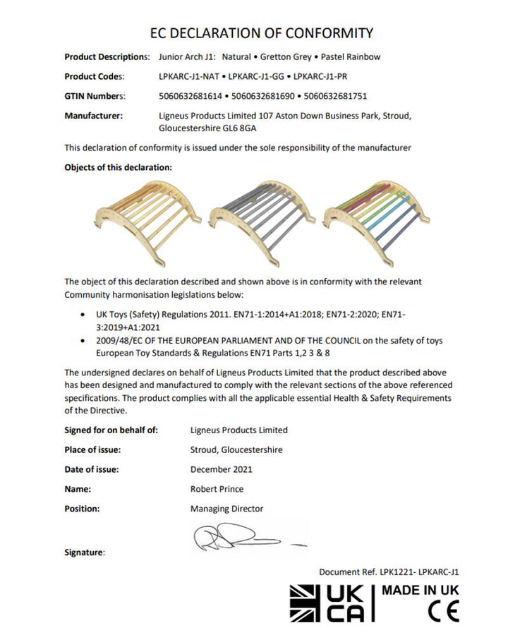 Pikler junior size rocker arch declaration of conformity