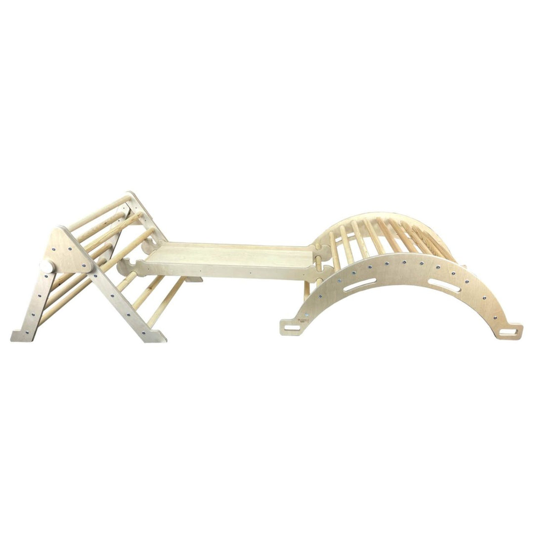 Pikler Junior size triangle and arch linked with slide in natural finish - side view