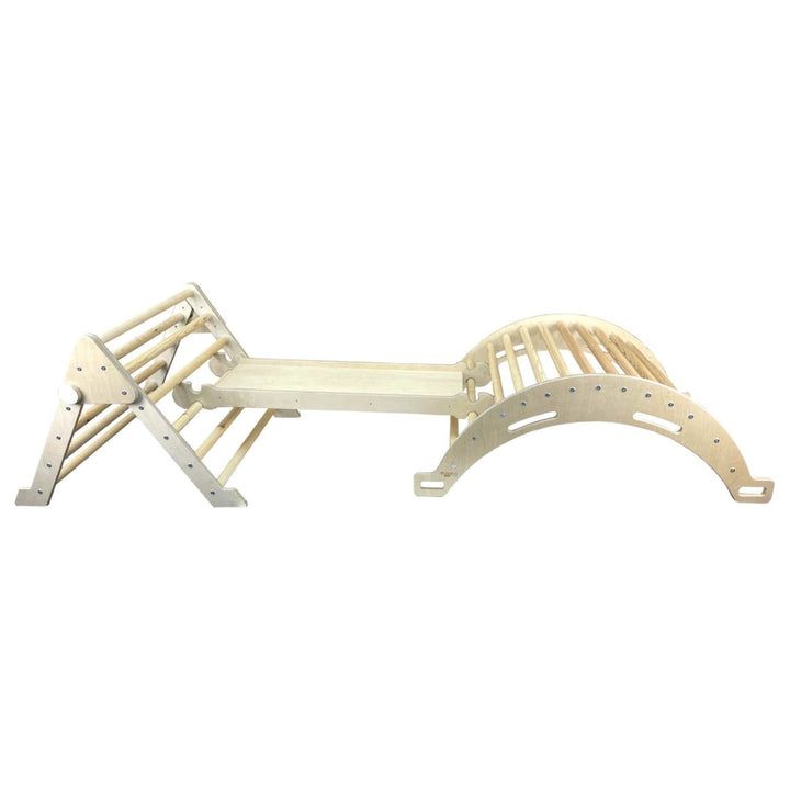 Pikler Junior size triangle and arch linked with slide in natural finish - side view
