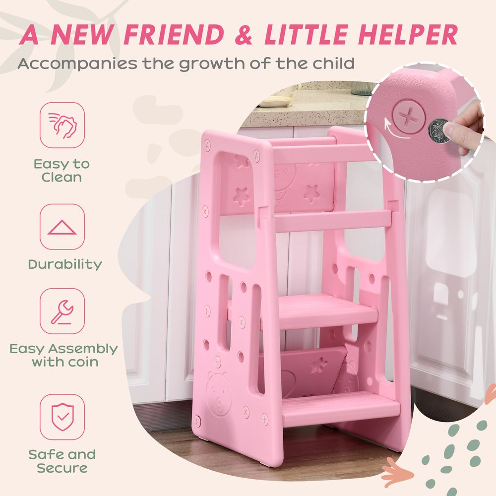 Adjustable Standing Platform Kids Step Stool - Pink | Toddler Kitchen Stool